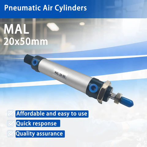 MAL 20x50 Aluminum Double Acting Pneumatic Cylinder With Single Rod 20mm Bore 50mm Stroke Adjustable Rod Buffer High Pressure 145 Psi