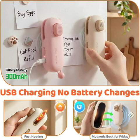 Two In One Mini Rechargeable Bag Sealer With Magnet for kitchen use, USB charging, shown with fast heating and magnetic back features.