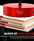 Doaho 6.25-inch red bi-metal hole saw with dust bowl, for recessed lighting, atop layered wood and plastic boards.