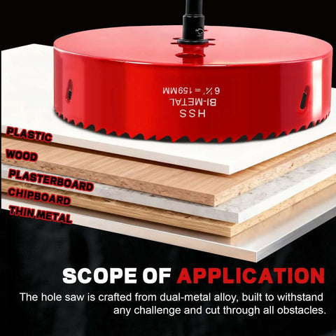 Doaho 6.25-inch red bi-metal hole saw with dust bowl, for recessed lighting, atop layered wood and plastic boards.