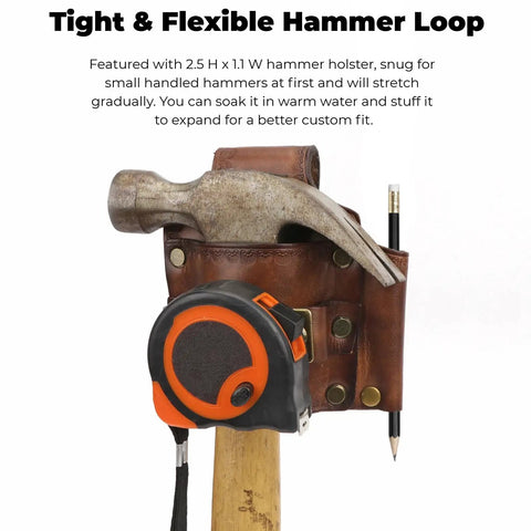 Leather Tool Holster With Hammer Loop, Tape Measure Holder, And Pencil Pouch For Belt showcasing tight hammer fit