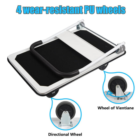 Heavy Duty Foldable Platform Truck With 880 Lb Capacity showing foldable frame and four wear-resistant PU wheels