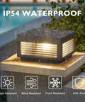 Outdoor LED Post Light With Square Lantern Style, 9.84 Inch Hardwired Aluminum Glass Post Lamp on a stone pedestal in rain