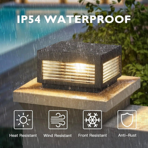 Outdoor LED Post Light With Square Lantern Style, 9.84 Inch Hardwired Aluminum Glass Post Lamp on a stone pedestal in rain