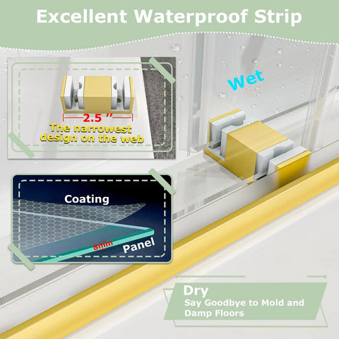 Close-up of the waterproof strip for Super Sleek Frameless Double Bypass Sliding Shower Door in Brushed Gold showing wet and dry conditions.