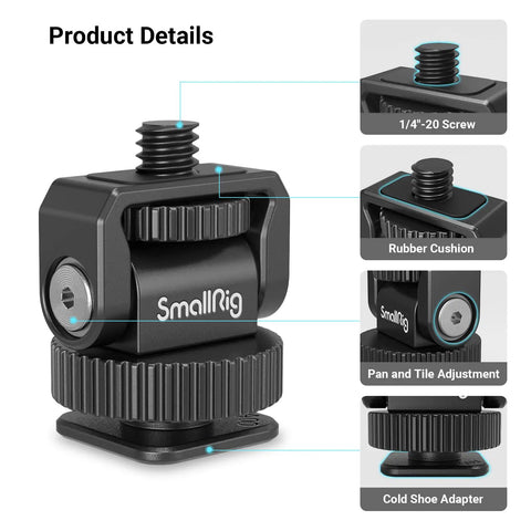 Lightweight Mini Ball Head Cold Shoe Mount Adapter With Quarter Inch 20 Thread for camera cage and LED video light, product details.