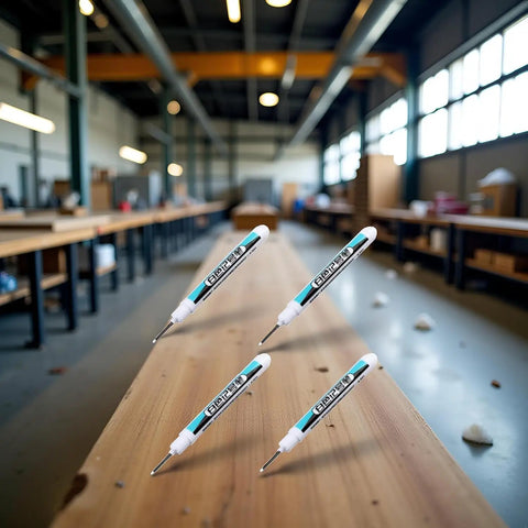 Top Shelf Four Pack Bold White Oil Based Permanent Markers featuring slick quick dry ink on a wooden surface in a workshop.