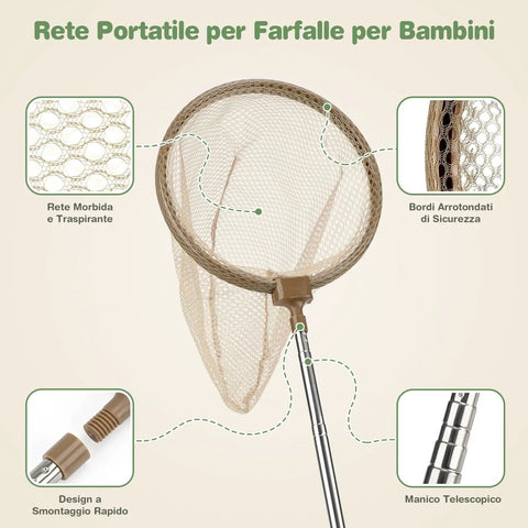 Rete Portatile per Farfalle per Bambini, rete morbida traspirante con manico telescopico e bordi arrotondati
