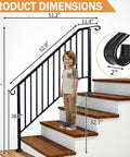 Built Like A Tank Black Wrought Iron Outdoor Stair Handrail Adjustable For Four Or Five Steps With Full Hardware Kit For Easy Porch Deck Concrete Install dimensions shown with child on stairs.