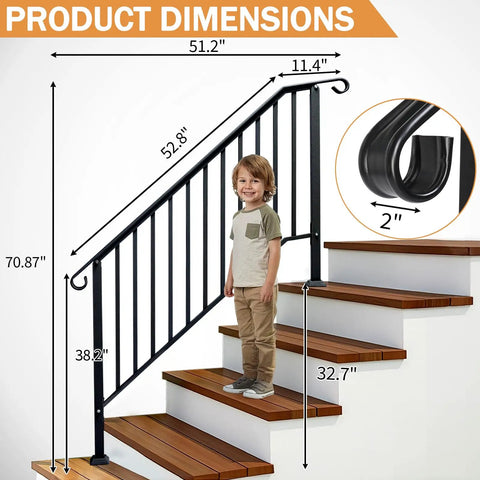 Built Like A Tank Black Wrought Iron Outdoor Stair Handrail Adjustable For Four Or Five Steps With Full Hardware Kit For Easy Porch Deck Concrete Install dimensions shown with child on stairs.