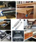 Collage of heavy duty metal drawer slides in cars, kitchens, RVs, and workshops; 20 inch ball bearing runners in various uses.