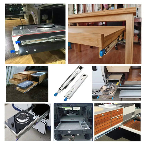 Collage of heavy duty metal drawer slides in cars, kitchens, RVs, and workshops; 20 inch ball bearing runners in various uses.