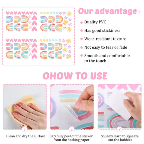 Rainbow Wall Decor Stickers Set With Hearts Stars Suns Watercolor Elements For Nursery Baby Bedroom Girls And Boys Luminous Blue 82 Pieces On Four Sheets Easy To Apply, showing application steps and advantages.