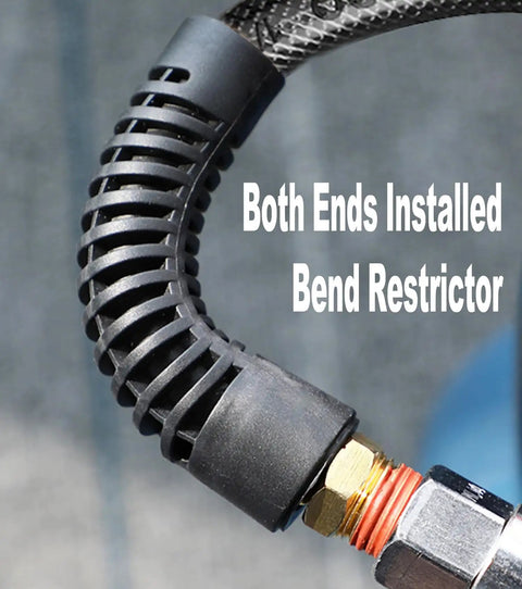 Bend restrictor on Built Tough 1/4 Inch Polyurethane Air Compressor Hose 100 Feet Long for kink resistance and durability.