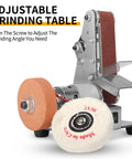 Adjustable grinding table of Top Tier 3 In 1 Mini Belt Sander Bench Grinder Polisher And Buffer Station with sanding wheel.