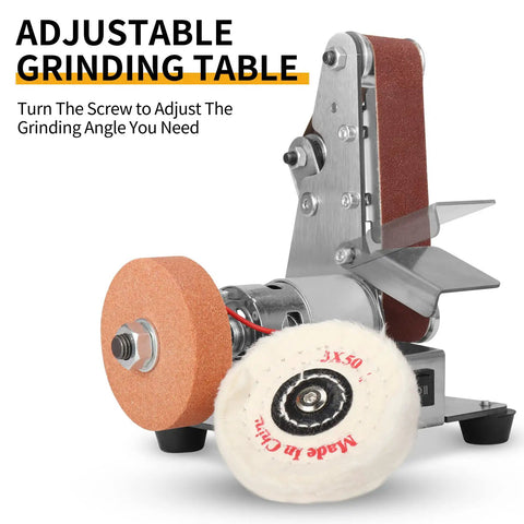 Adjustable grinding table of Top Tier 3 In 1 Mini Belt Sander Bench Grinder Polisher And Buffer Station with sanding wheel.
