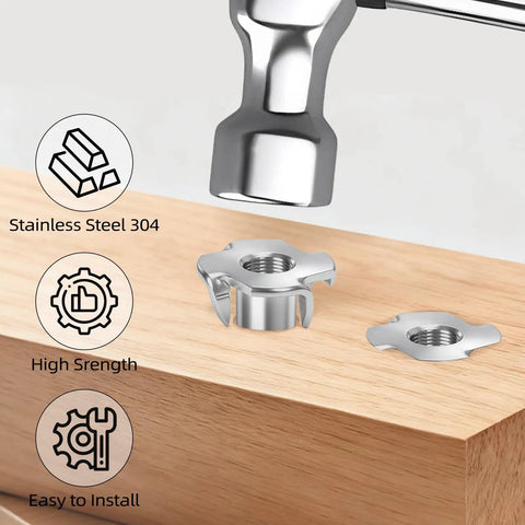 Heavy Hitting 1/4-20 T Nuts Twenty Five Pack, Top Notch 304 Stainless Steel four jaw tee fasteners on wood.