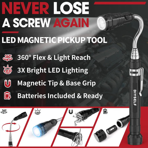 Telescoping Magnetic Pickup Tool With LED Flashlight Flexible Extendable Magnet Stick For Auto Mechanics And Home DIY Grab Small Parts In Tight Spaces Includes Inspection Mirror Cool Handy Gadget For Men Gift For Him