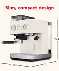 Semi Automatic Espresso Machine With Built In Burr Grinder And Smart Dosing Tech For Smooth One Or Two Shot Pulls Sturdy Metal Body In Porcelain White side view with dimensions on display.