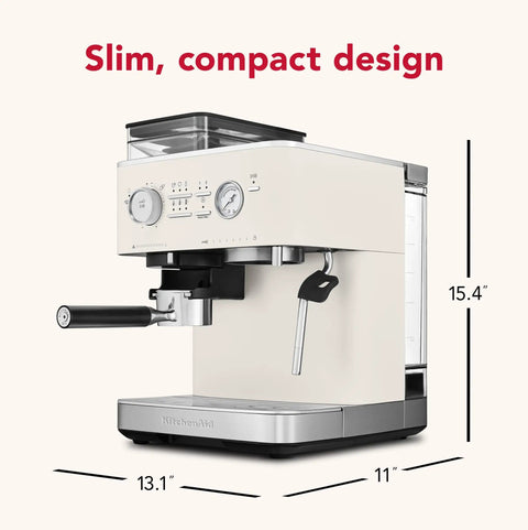 Semi Automatic Espresso Machine With Built In Burr Grinder And Smart Dosing Tech For Smooth One Or Two Shot Pulls Sturdy Metal Body In Porcelain White side view with dimensions on display.
