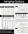 Extra Long Linen Blackout Curtains For Track System 120 Inch Long hanging options showing hooks belt, back tab, ring clips, track system, rod pocket.
