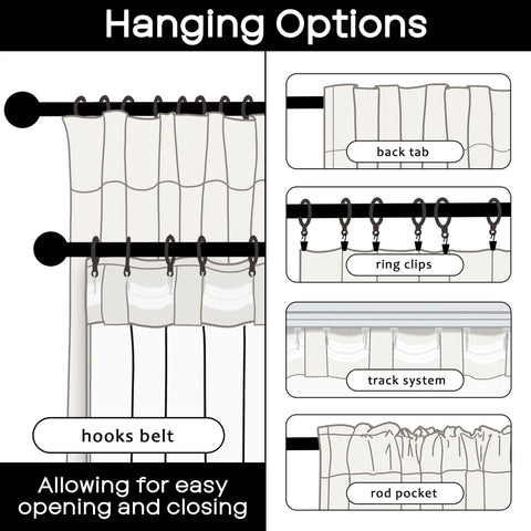 Extra Long Linen Blackout Curtains For Track System 120 Inch Long hanging options showing hooks belt, back tab, ring clips, track system, rod pocket.