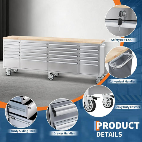 Beefy Heavy Duty 96 Inch Steel Rolling Tool Chest And Mobile Workbench With 24 Full Extension Drawers Locking System Rubber Wood Top Six Wheels