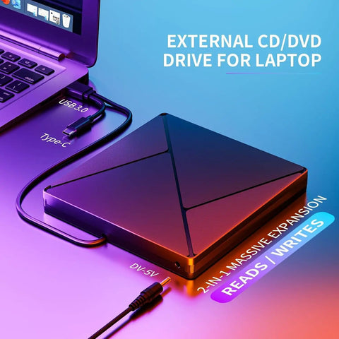 Plug And Play External DVD CD Drive For Laptop And Desktop USB 3.0 USB C Portable Burner DVD Reader Writer ROM Works With Mac Windows Linux No Driver Needed For Easy Watching Burning And Software Install, slim black USB-C drive