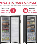 10 Cu Ft Upright Convertible Refrigerator And Freezer Box Featuring A No Sweat Mode Swap For Garage Or Basement Setup That Keeps Your Drinks Bone Cold And Grocery Stash Fresh As Heck Today, showing freezer and fridge compartments filled with food.