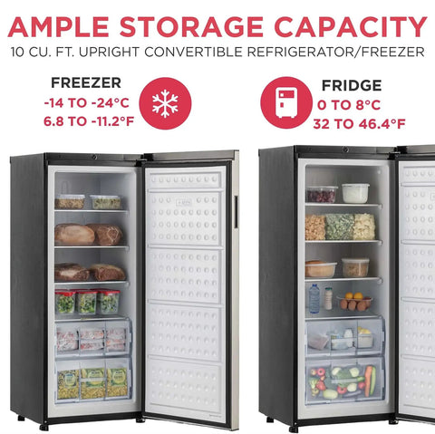 10 Cu Ft Upright Convertible Refrigerator And Freezer Box Featuring A No Sweat Mode Swap For Garage Or Basement Setup That Keeps Your Drinks Bone Cold And Grocery Stash Fresh As Heck Today, showing freezer and fridge compartments filled with food.