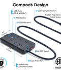 No Fuss Smart Power Strip With Individual Outlet Control showing 6 outlets, 2 USB ports, and angled plug design for efficient cable management.