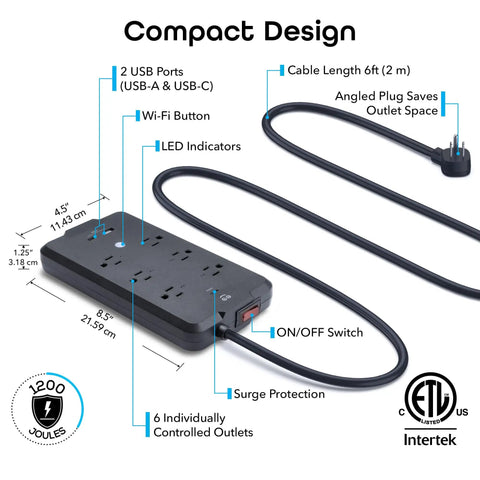 No Fuss Smart Power Strip With Individual Outlet Control showing 6 outlets, 2 USB ports, and angled plug design for efficient cable management.