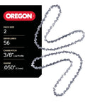 Two Pack Chainsaw Chain For Three Eighths Inch Low Profile Pitch 0.050 Inch Gauge With 56 Drive Links For 16 Inch Bar shown with packaging