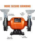 6 Inch Bench Grinder With 2.1A Brushless Motor Churning At 3550 RPM delivering secure grinding with 36 and 80 grit wheels.
