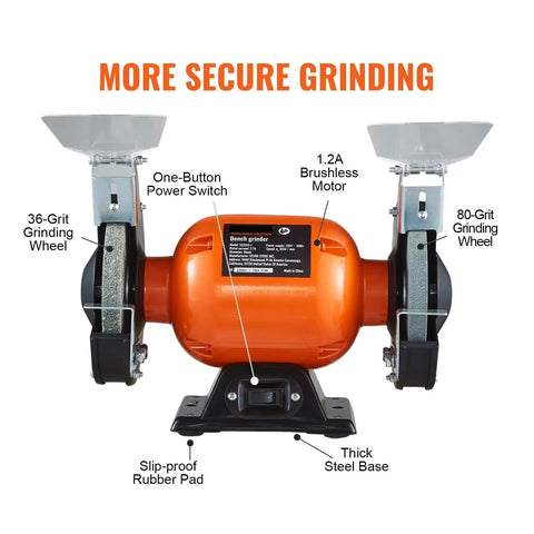 6 Inch Bench Grinder With 2.1A Brushless Motor Churning At 3550 RPM delivering secure grinding with 36 and 80 grit wheels.
