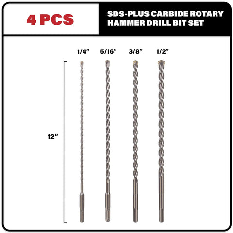 4 Piece 12 Inch SDS Plus Drill Bit Set Carbide Tipped For Masonry And Rotary Hammer Drills Great For Brick Stone And Concrete