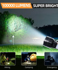 Two Pack LED Rechargeable Flashlights Solar Powered With USB C Backup Beast Bright 100000 Lumens shines in dark outdoors.