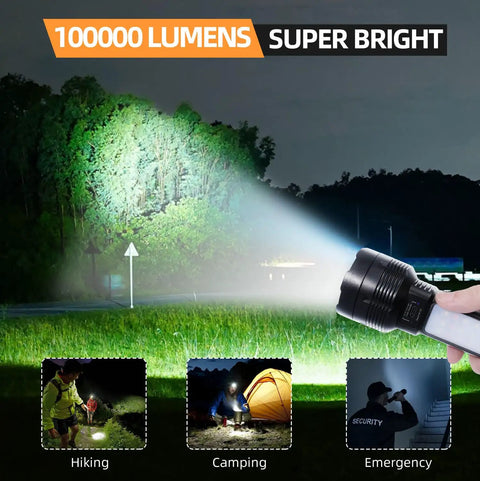 Two Pack LED Rechargeable Flashlights Solar Powered With USB C Backup Beast Bright 100000 Lumens shines in dark outdoors.