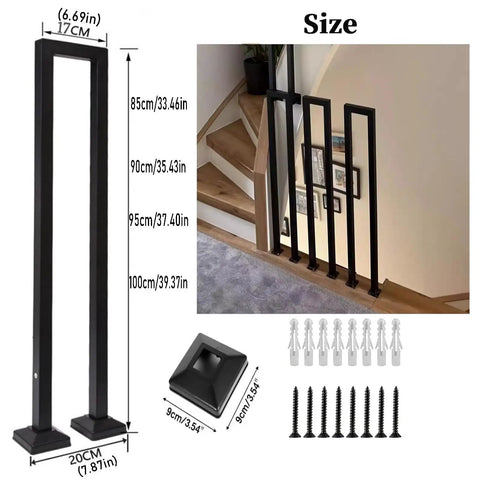 Tough As Nails Vertical U Shaped Stair Handrail With Slick Matte Black Finish showing dimensions and installation hardware.