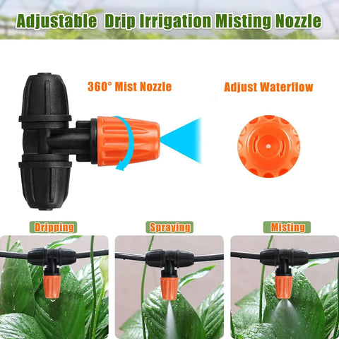 25 Pack Micro Spray Drippers With Three Way Atomizing Nozzles For One Quarter Inch Tubing demonstrating dripping, spraying, and misting