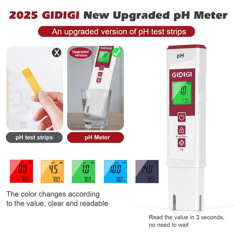 Water pH Meter With Color Display And Dual Data Readout, Easy ATC pH Tester showing color LCD and calibration kit comparison