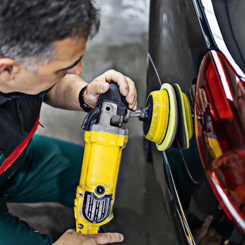 Man using rotary polisher with Beefed Up Buff Extender For Buffing Wheels Aluminum Extension Shaft 1.53 Inches for car detailing