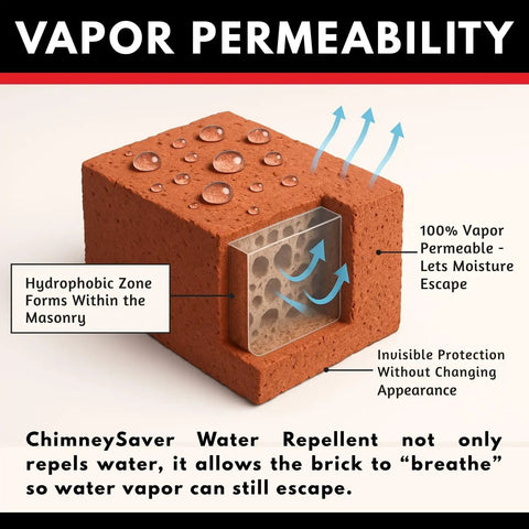 Illustration showing Water Base Chimney Sealant With Stain Blocker For Masonry Protection, 99.9 Percent Water Repellent Yet Breathable.