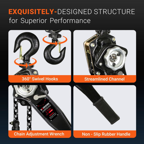 KOERZORE 3-ton manual lever chain hoist with galvanized chain and non-slip rubber handle front view