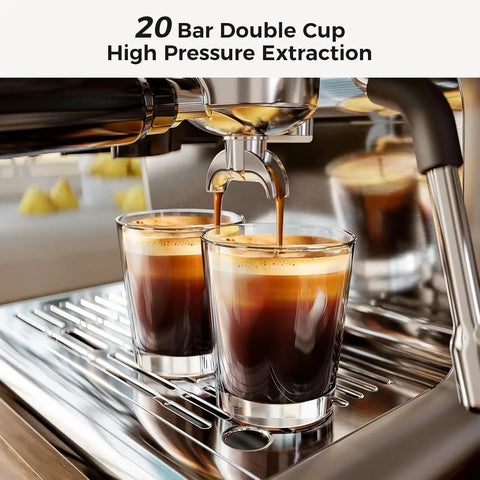 Close-up of espresso pouring from All In One Espresso Machine With Built In Grinder, 20 Bar Pressure, 58mm Commercial Portafilter.