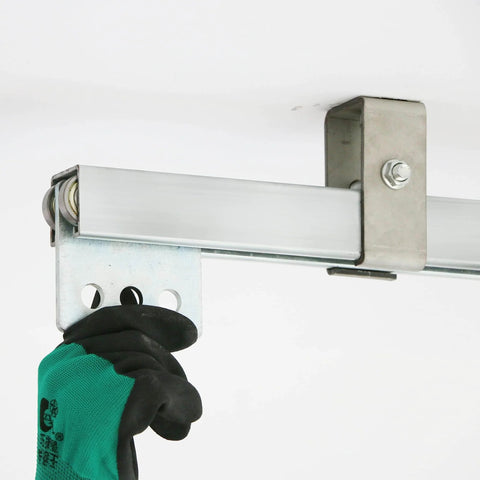 Five Feet Long Strut Channel Trolley Track For Wheel Trolley Assembly And Mechanical Support One And Five Eighths Inch High And Wide Twelve Gauge Steel U Channel With Short Slotted Back Pre Galvanized Zinc Finish Durability Pack Of One installed on ceiling.