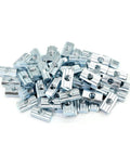 100 Piece M6 T Slot Slide Nuts For Aluminum Extrusion Framing Pro Grade Galvanized Steel Fasteners stacked together.