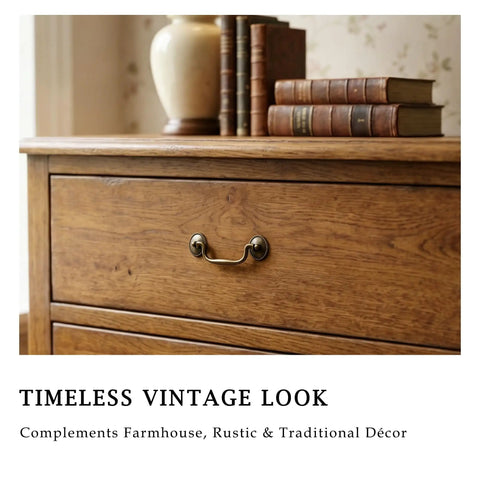 Six Pack Vintage Bail Drawer Pulls In Antique Brass, 3-3/8 Inch Hole Centers on rustic wooden dresser