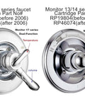 Cartridge Replacement Fits Monitor 17 Series Dual Function Shower Valve After 2006 For Temperature And Volume Control Includes RP46073 Seat And Spring Adapter Grey Cap No Fuss Quick Install Easy Upgrade diagram with 17 vs 13/14 series comparison