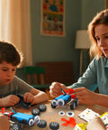 Mother and son assembling Wind Powered Cars Kit For Kids Ages 8 To 12, Six Wood Building Crafts Cars Set on a table.
